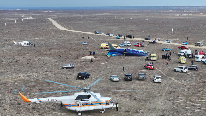 A drone view shows the site where the Azerbaijan Airlines plane crashed near the city of Aktau, Kazakhstan, on December 25, 2024. 